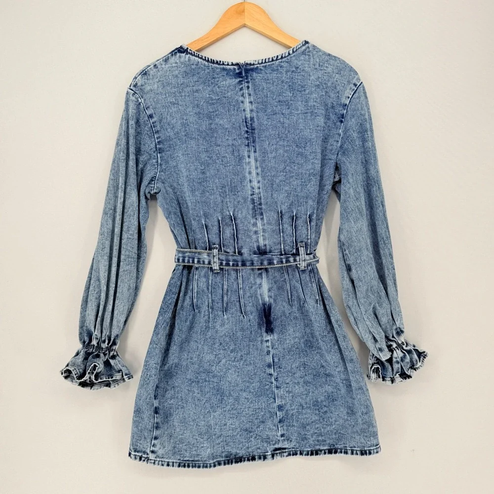 Redial Denim Mini Dress Womens Medium 38 Blue Acid Wash Ruffle Boho Western